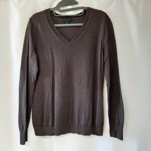 Worthington Heathered Grey Brown Fine Knit V-neck Sweater Sz L